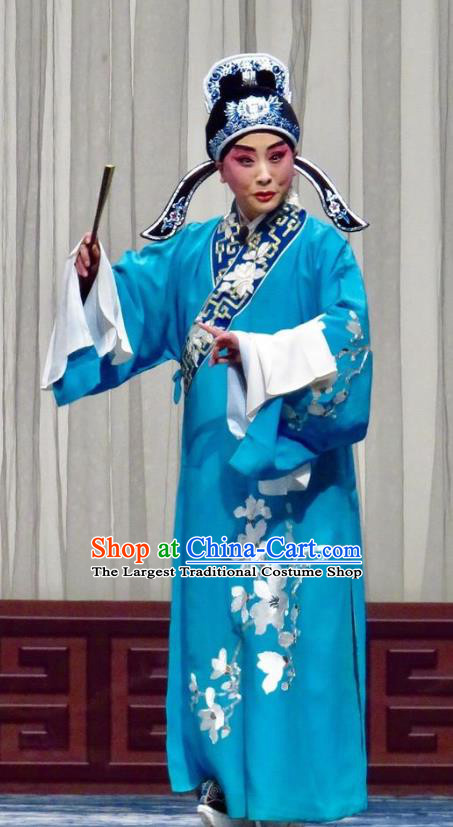 San Kan Yu Mei Chinese Ping Opera Childe Feng Jiajin Costumes and Headwear Pingju Opera Scholar Blue Robe Apparels Clothing