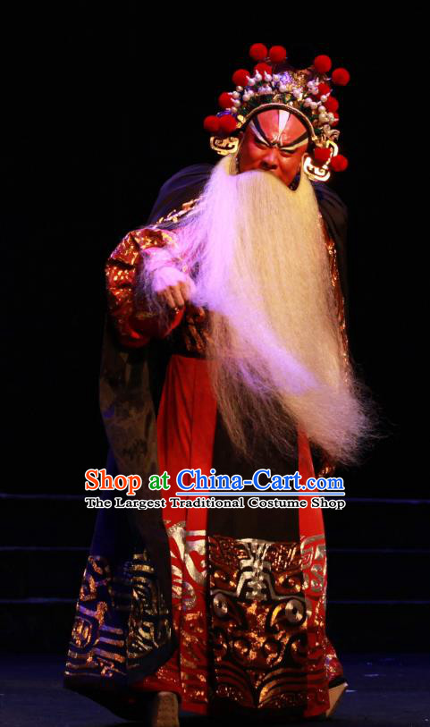 Chun Qiu Er Xu Chinese Peking Opera Elderly Male Laosheng Garment Costumes and Headwear Beijing Opera Apparels Elderly Official Wu Zixu Red Clothing