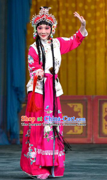 Chinese Beijing Opera Servant Girl Chun Lan Apparels Costumes and Headdress Tao Hua Cun Traditional Peking Opera Xiaodan Dress Young Lady Garment