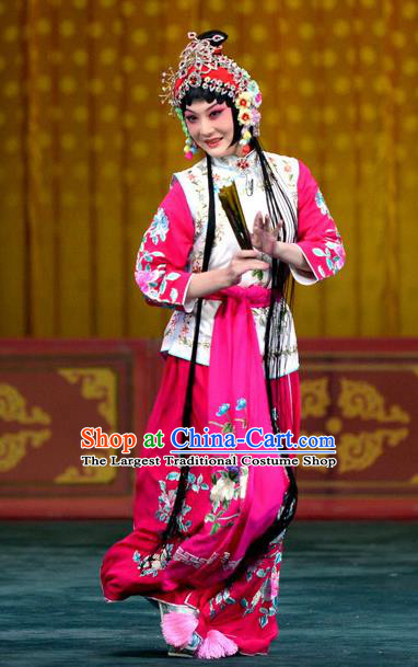 Chinese Beijing Opera Servant Girl Chun Lan Apparels Costumes and Headdress Tao Hua Cun Traditional Peking Opera Xiaodan Dress Young Lady Garment