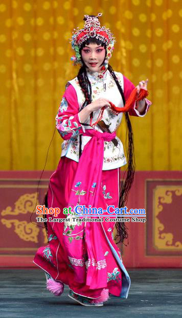 Chinese Beijing Opera Servant Girl Chun Lan Apparels Costumes and Headdress Tao Hua Cun Traditional Peking Opera Xiaodan Dress Young Lady Garment