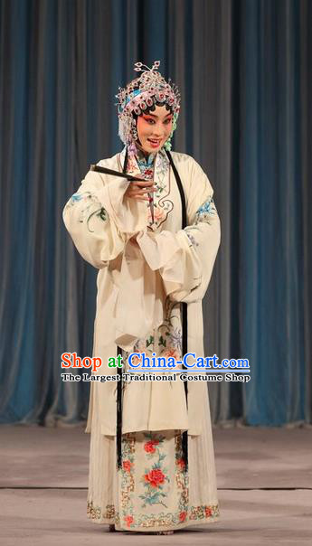 Chinese Beijing Opera Young Female Liu Yuyan Apparels Costumes and Headdress Tao Hua Cun Traditional Peking Opera Diva White Dress Actress Garment