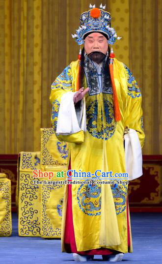 Yao Qi Chinese Peking Opera Elderly Male Garment Costumes and Headwear Beijing Opera Laosheng Apparels Emperor Liu Xiu Embroidered Robe Clothing