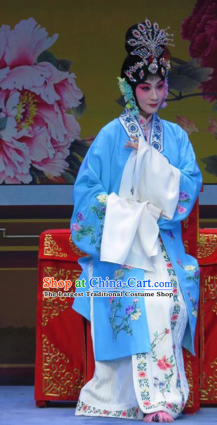 Chinese Ping Opera Diva Apparels Costumes and Headpieces Traditional Pingju Opera Lv Bu And Diao Chan Young Beauty Blue Dress Actress Garment