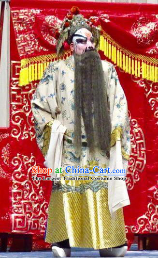 San Kan Yu Mei Chinese Ping Opera Elderly Male White Costumes and Headwear Pingju Opera Laosheng Emperor Apparels Clothing