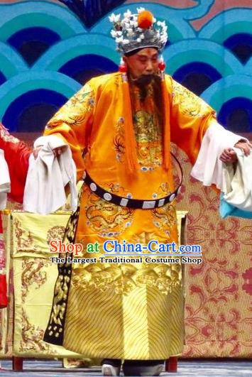 San Kan Yu Mei Chinese Ping Opera Emperor Golden Costumes and Headwear Pingju Opera Elderly Male Apparels Laosheng Clothing