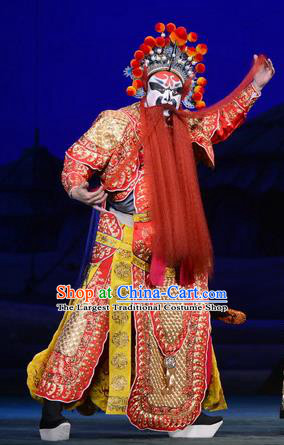 Di Qing Chinese Peking Opera Martial Male Red Garment Costumes and Headwear Beijing Opera Takefu Apparels General Armor Clothing