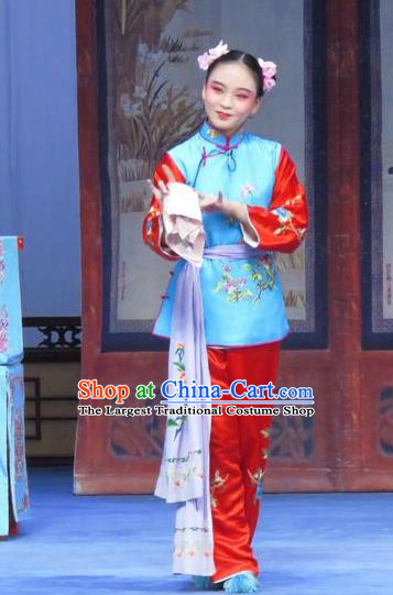 Chinese Ping Opera Maidservant Apparels Costumes and Headdress Traditional Pingju Opera Tao Li Mei Xiaodan Young Lady Dress Garment