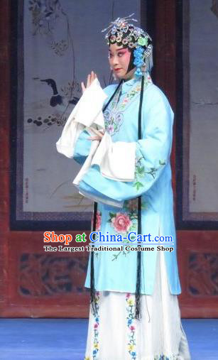 Chinese Ping Opera Actress Apparels Costumes and Headdress Traditional Pingju Opera Tao Li Mei Diva Yutao Blue Dress Garment