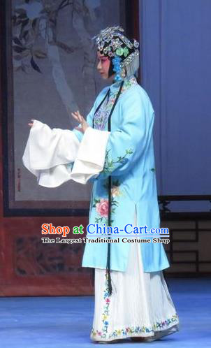 Chinese Ping Opera Actress Apparels Costumes and Headdress Traditional Pingju Opera Tao Li Mei Diva Yutao Blue Dress Garment