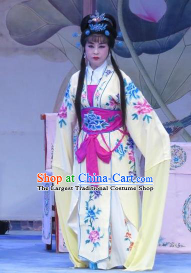 Chinese Ping Opera Hua Tan Leng Yue Apparels Costumes and Headpieces Traditional Pingju Opera Pear Blossom Love Actress Yellow Dress Garment