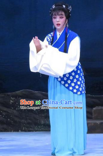 Chinese Ping Opera Young Female Li Hua Apparels Costumes and Headpieces Traditional Pingju Opera Pear Blossom Love Country Lady Blue Dress Garment