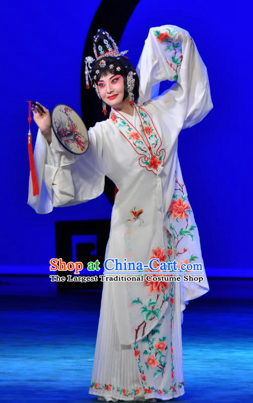 Chinese Beijing Opera Young Female Apparels Costumes and Headdress Xie Yaohuan Traditional Peking Opera Hua Tan White Dress Diva Garment