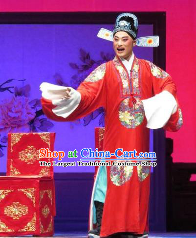 Tell on Sargam Chinese Ping Opera Groom Garment Costumes and Headwear Pingju Opera Xiaosheng Chen Guangzu Apparels Clothing