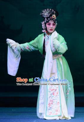 Chinese Ping Opera Young Beauty Apparels Costumes and Headpieces Da Song Zhong Yi Zhuan Traditional Pingju Opera Diva Kou Zhu Green Dress Garment