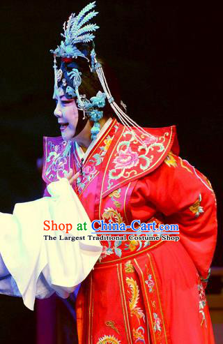 Chinese Ping Opera Empress Apparels Costumes and Headpieces Da Song Zhong Yi Zhuan Traditional Pingju Opera Diva Liu E Red Dress Garment