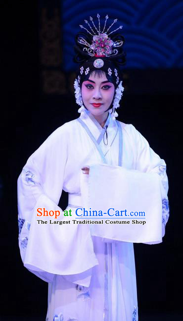Chinese Ping Opera Young Female Apparels Costumes and Headpieces Da Song Zhong Yi Zhuan Traditional Pingju Opera Hua Tan White Dress Garment