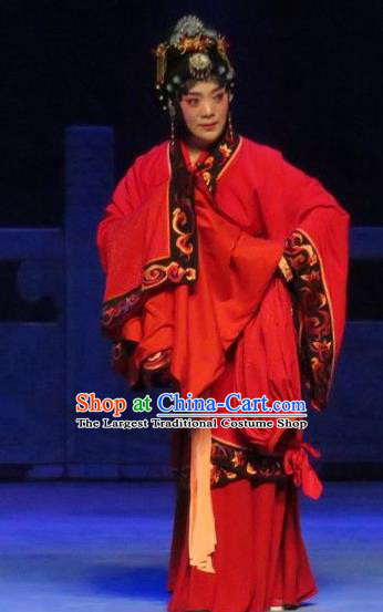 Chinese Ping Opera Bride Liu Lanzhi Apparels Costumes and Headpieces Southeast Fly the Peacocks Traditional Pingju Opera Hua Tan Red Dress Garment