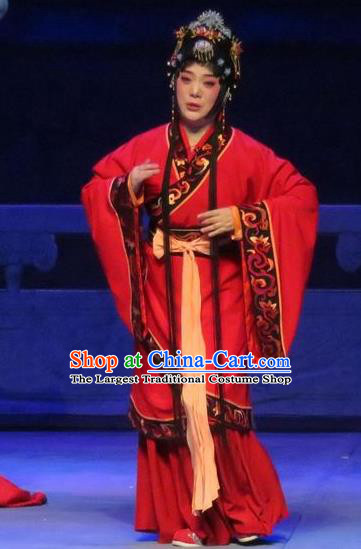 Chinese Ping Opera Bride Liu Lanzhi Apparels Costumes and Headpieces Southeast Fly the Peacocks Traditional Pingju Opera Hua Tan Red Dress Garment