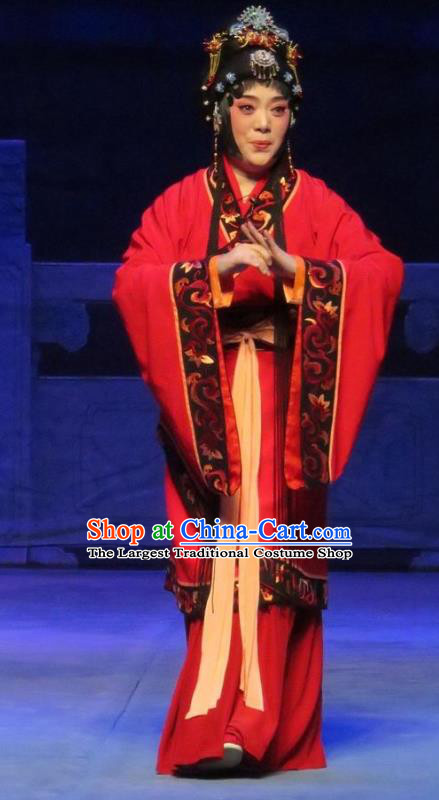 Chinese Ping Opera Bride Liu Lanzhi Apparels Costumes and Headpieces Southeast Fly the Peacocks Traditional Pingju Opera Hua Tan Red Dress Garment