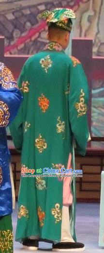 Chinese Ping Opera Southeast Fly the Peacocks Garment Costumes and Headwear Pingju Opera Bully Apparels Rich Childe Green Robe Clothing