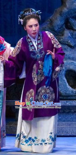 Chinese Ping Opera Elderly Female Apparels Costumes and Headpieces Tell on Sargam Traditional Pingju Opera Dame Purple Dress Garment