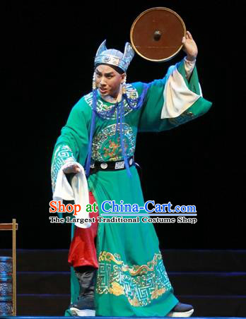 Chinese Ping Opera Apparels Palm Civet for Prince Costumes and Headwear Pingju Opera Court Eunuch Chen Lin Green Official Clothing