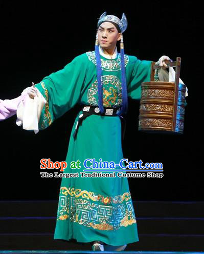 Chinese Ping Opera Apparels Palm Civet for Prince Costumes and Headwear Pingju Opera Court Eunuch Chen Lin Green Official Clothing