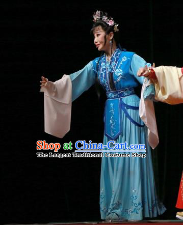 Chinese Ping Opera Palace Lady Kou Zhu Apparels Costumes and Headpieces Traditional Pingju Opera Palm Civet for Prince Diva Blue Dress Garment