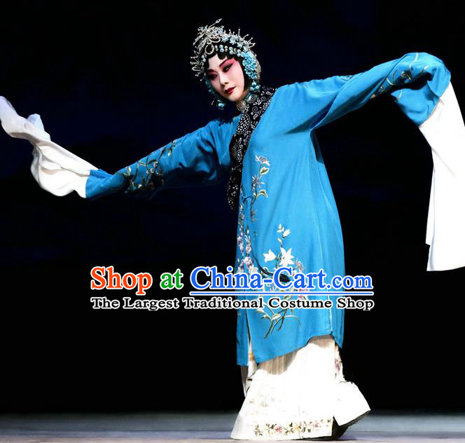 Chinese Beijing Opera Distress Maiden Apparels Hua Tan Costumes and Headdress Han Yuniang Traditional Peking Opera Diva Blue Dress Young Female Garment