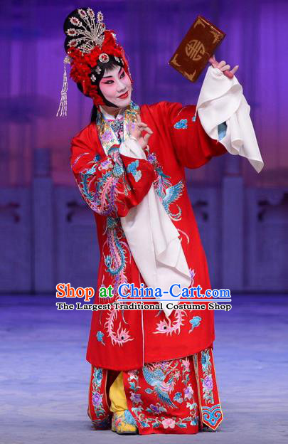 Chinese Beijing Opera Bride Wedding Apparels Costumes and Headdress San Da Tao Sanchun Traditional Peking Opera Hua Tan Red Dress Young Female Garment