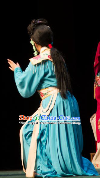 Chinese Beijing Opera Servant Girl Apparels Costumes and Headdress San Da Tao Sanchun Traditional Peking Opera Xiaodan Blue Dress Young Lady Garment