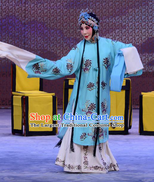 Chinese Beijing Opera Hua Tan Apparels Actress Costumes and Headdress Han Yuniang Traditional Peking Opera Blue Dress Diva Garment