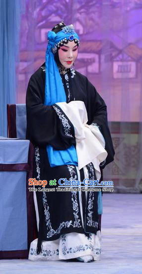 Chinese Beijing Opera Young Woman Apparels Costumes and Headdress Han Yuniang Traditional Peking Opera Diva Black Dress Distress Maiden Garment