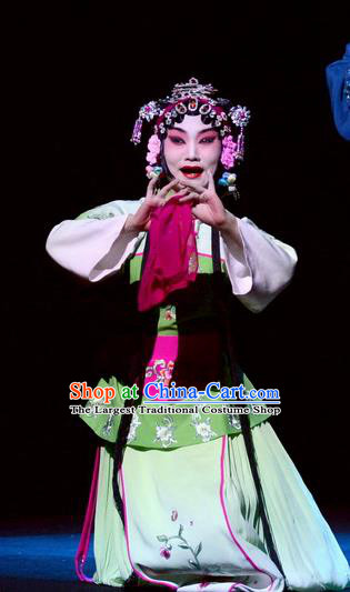 Chinese Beijing Opera Xiaodan Apparels Costumes and Headdress On A Wall and Horse Traditional Peking Opera Young Lady Dress Maidservant Garment