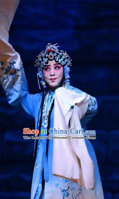 Chinese Beijing Opera Diva Li Qianjun Apparels Costumes and Headdress On A Wall and Horse Traditional Peking Opera Hua Tan Blue Dress Actress Garment
