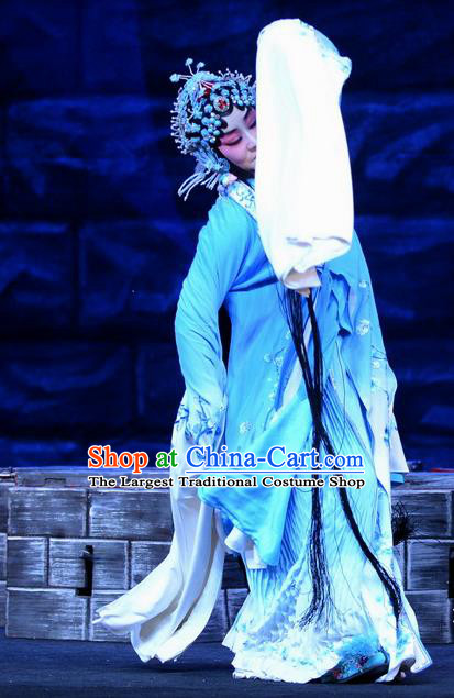 Chinese Beijing Opera Diva Li Qianjun Apparels Costumes and Headdress On A Wall and Horse Traditional Peking Opera Hua Tan Blue Dress Actress Garment