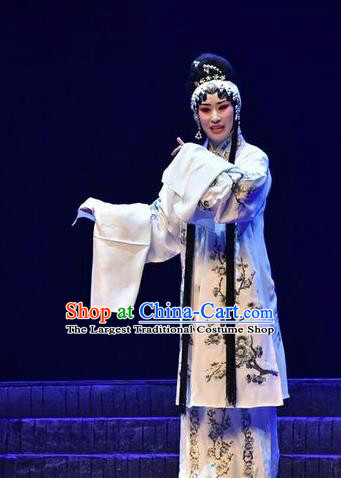 Chinese Beijing Opera Young Female Apparels Qing Tian Dao Costumes and Headpieces Traditional Peking Opera Distress Maiden White Dress Diva Garment