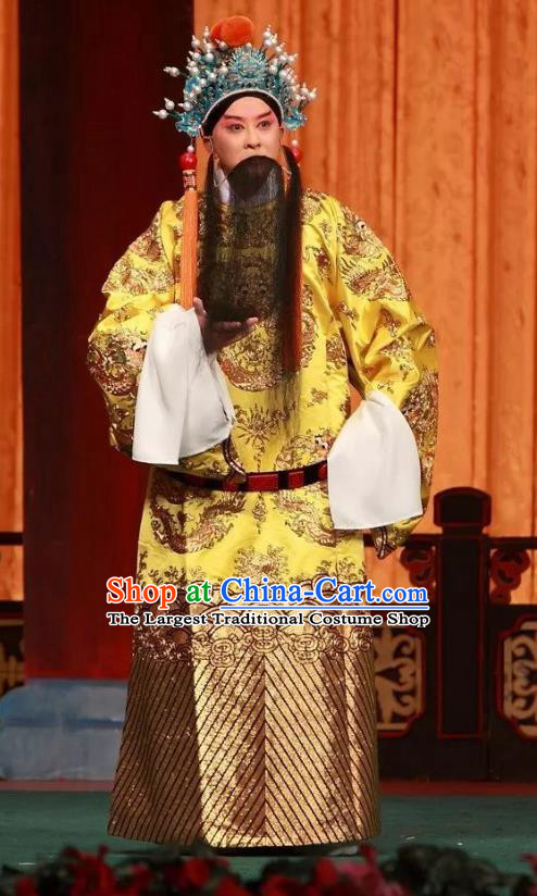 Qing Tian Dao Chinese Peking Opera Emperor Jia Jing Garment Costumes and Headwear Beijing Opera Laosheng Apparels Elderly Male Monarch Clothing