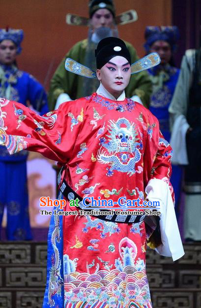 Tian Dao Xing Chinese Peking Opera Official Dong Hong Garment Costumes and Headwear Beijing Opera Xiaosheng Apparels Young Man Red Robe Clothing