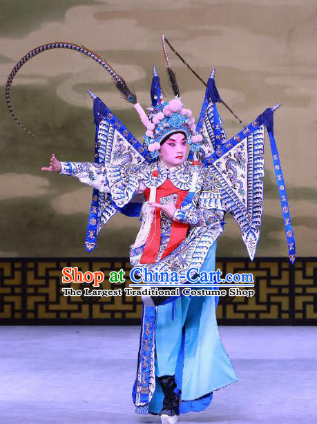 Jiu Jiang Kou Chinese Peking Opera Young General Garment Costumes and Headwear Beijing Opera Wusheng Apparels Martial Male Hua Yunlong Kao Armor Suit with Flags Clothing