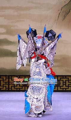 Jiu Jiang Kou Chinese Peking Opera Young General Garment Costumes and Headwear Beijing Opera Wusheng Apparels Martial Male Hua Yunlong Kao Armor Suit with Flags Clothing
