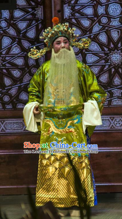Ba Zhen Tang Chinese Peking Opera Elderly Male Garment Costumes and Headwear Beijing Opera Laosheng Apparels Official Zhang Wenda Clothing