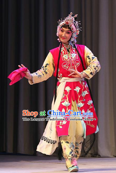 Chinese Beijing Opera Xiaodan Apparels Ba Zhen Tang Costumes and Headpieces Traditional Peking Opera Servant Girl Chun Lan Rosy Dress Garment