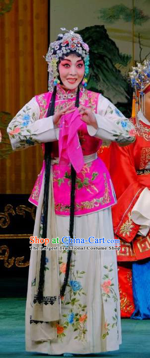 Chinese Beijing Opera Xiaodan Apparels Ba Zhen Tang Costumes and Headpieces Traditional Peking Opera Young Lady Rosy Dress Maidservant Chun Lan Garment