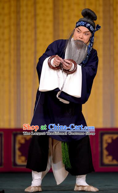 Qi Shuang Hui Chinese Peking Opera Elderly Male Garment Costumes and Headwear Beijing Opera Laosheng Apparels Prisoner Cao Zhuang Clothing