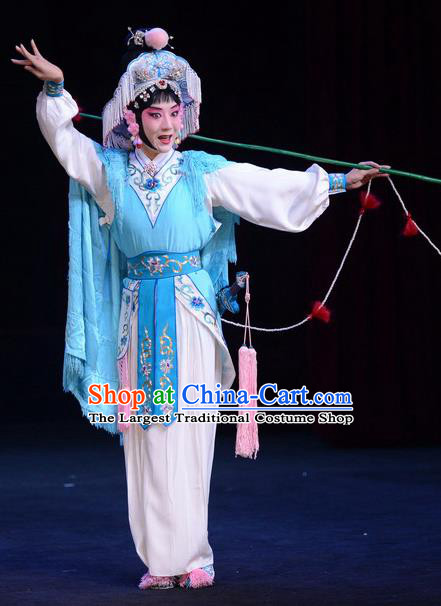 Chinese Beijing Opera Fisher Maiden Apparels Lian Jinfeng Costumes and Headdress Traditional Peking Opera Actress Dress Young Female Blue Garment