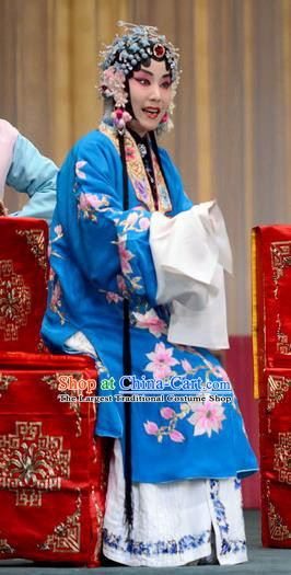 Chinese Beijing Opera Young Mistress Apparels Zhan Tai Ping Costumes and Headdress Traditional Peking Opera Actress Blue Dress Countess Garment