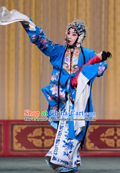Chinese Beijing Opera Young Mistress Apparels Zhan Tai Ping Costumes and Headdress Traditional Peking Opera Actress Blue Dress Countess Garment