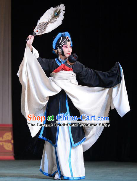 Chinese Beijing Opera Distress Female Apparels Zhan Tai Ping Costumes and Headdress Traditional Peking Opera Tsing Yi Black Dress Garment